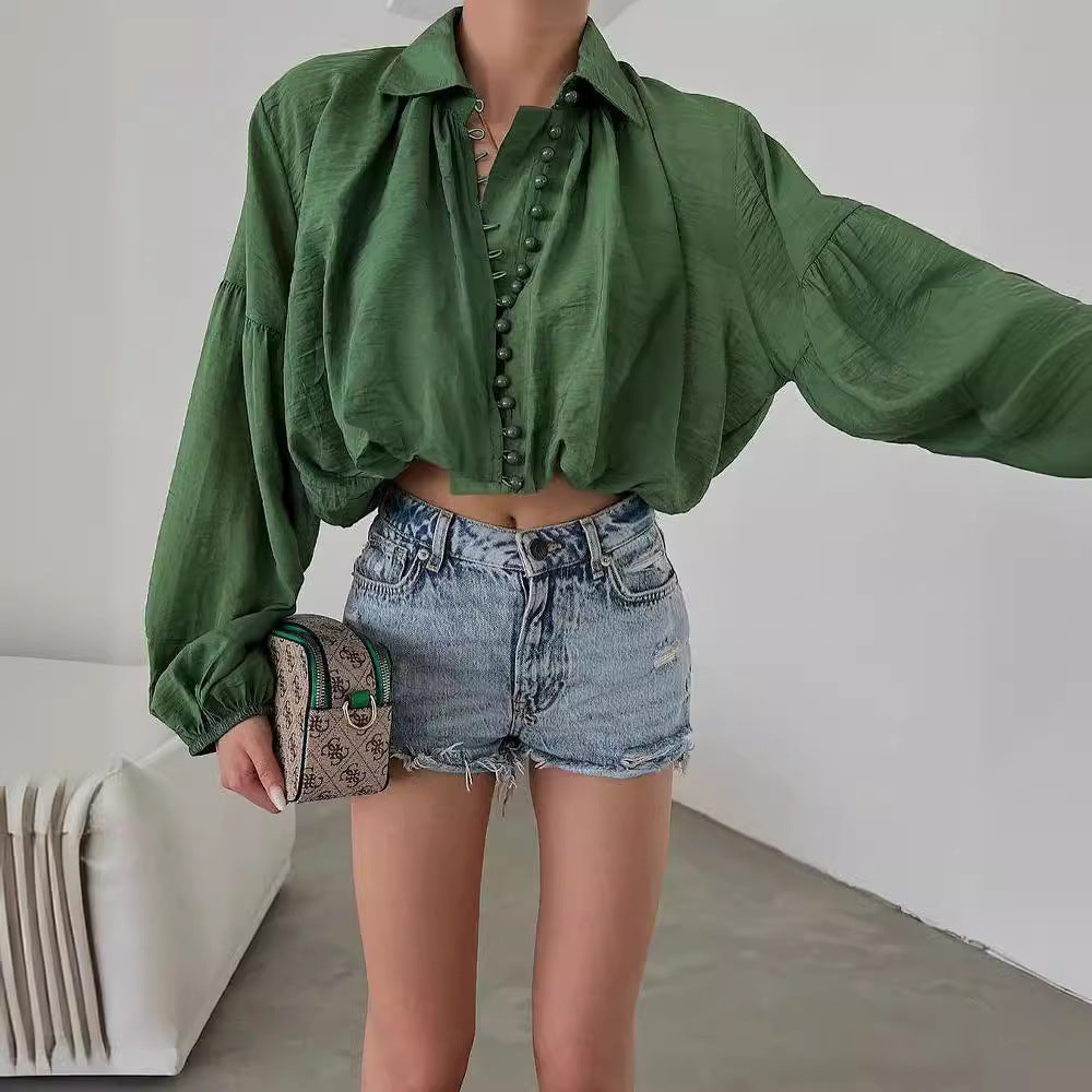 Women's Short Blouse with Balloon Sleeves, Decorative Button Placket and Light Texture Mune Fashion