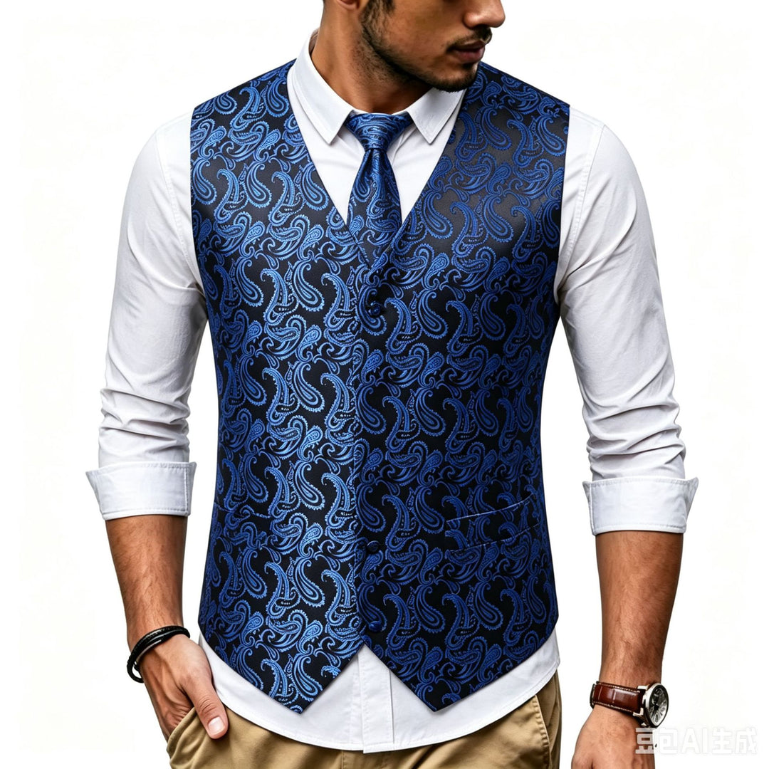 Men's Satin Jacquard Vest with Paisley Pattern and Matching Tie Mune Fashion