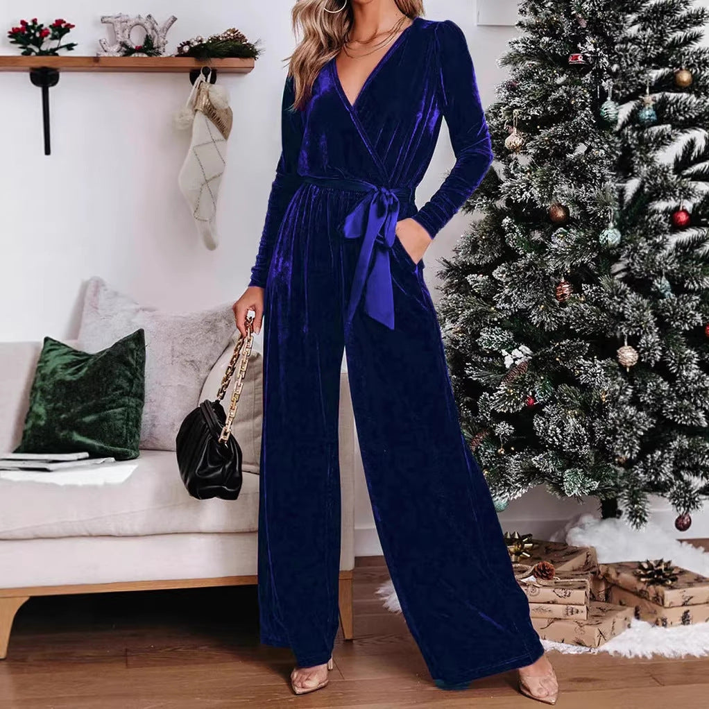 Women's Velvet Jumpsuit with Wrap V-Neck, Wide Leg and Waist Belt Drune