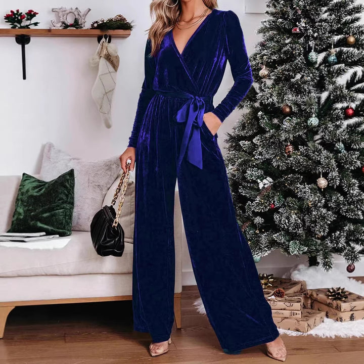 Women's Velvet Jumpsuit with Wrap V-Neck, Wide Leg and Waist Belt Drune