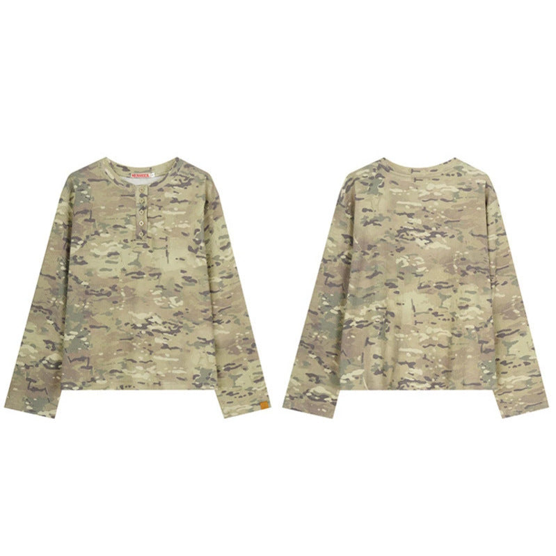 Women's Long Sleeve Henley Shirt in Waffle Knit with Military Camouflage Print and Button Placket Mune Fashion