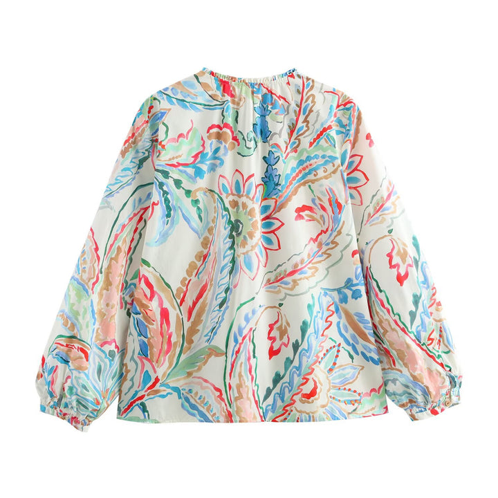 Ladies Lightweight Viscose Blouse with Watercolor Floral Print, V-Neck and Balloon Sleeves Mune Fashion