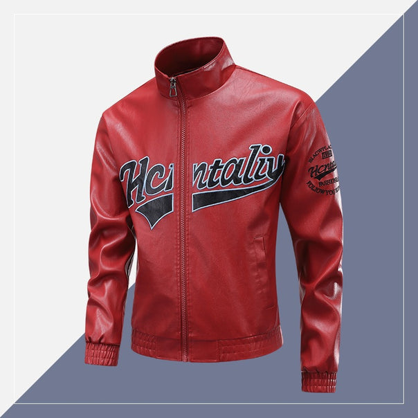 Men's Leather Look Bomber Jacket with Stand Collar, Logo Embroidery & Front Zip Mune Fashion