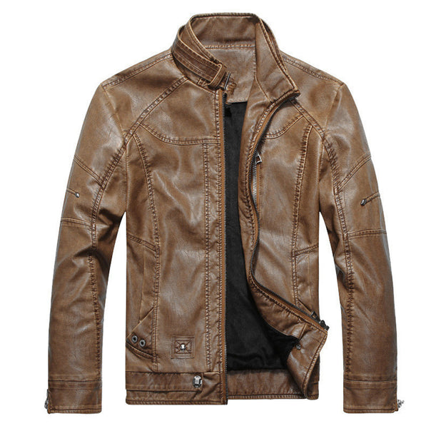Men's vintage leather-look biker jacket with stand-up collar, decorative seams, and zipper details Mune Fashion