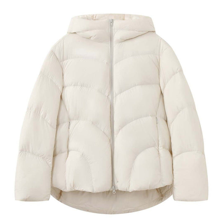 Women Short Cut Puffer Jacket with Hood, Insulating Filling and Waist Detail Mune Fashion