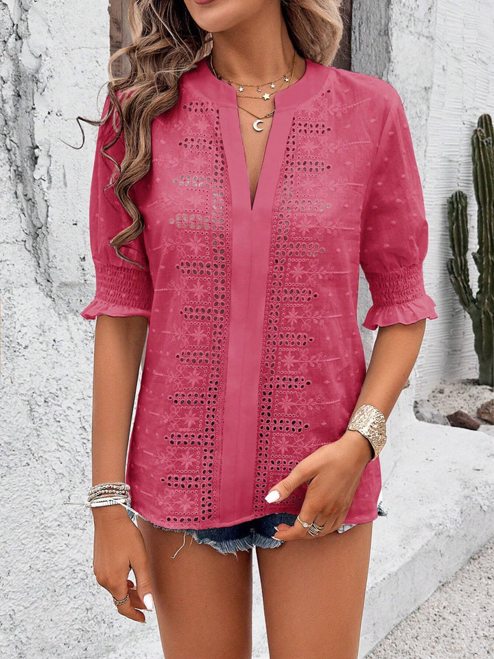 Women's Boho Tunic with Broderie Anglaise and Gathered 3/4 Sleeves Mune Fashion