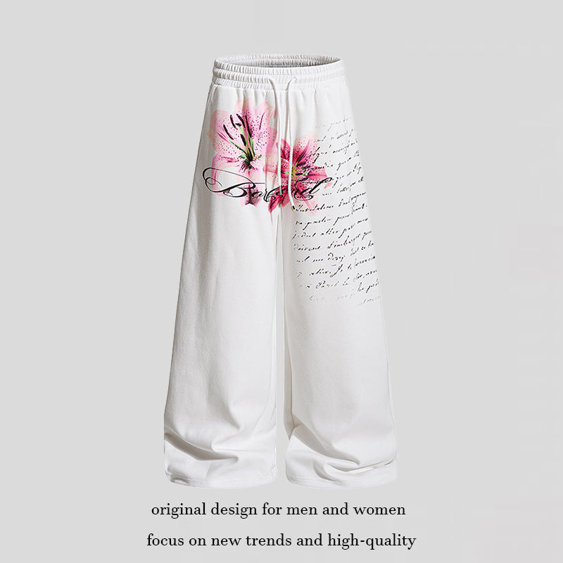 Women’s Wide Palazzo Lounge Pants in Culotte Style with Comfort Waistband, Drawstring and Floral Print Application Mune Fashion
