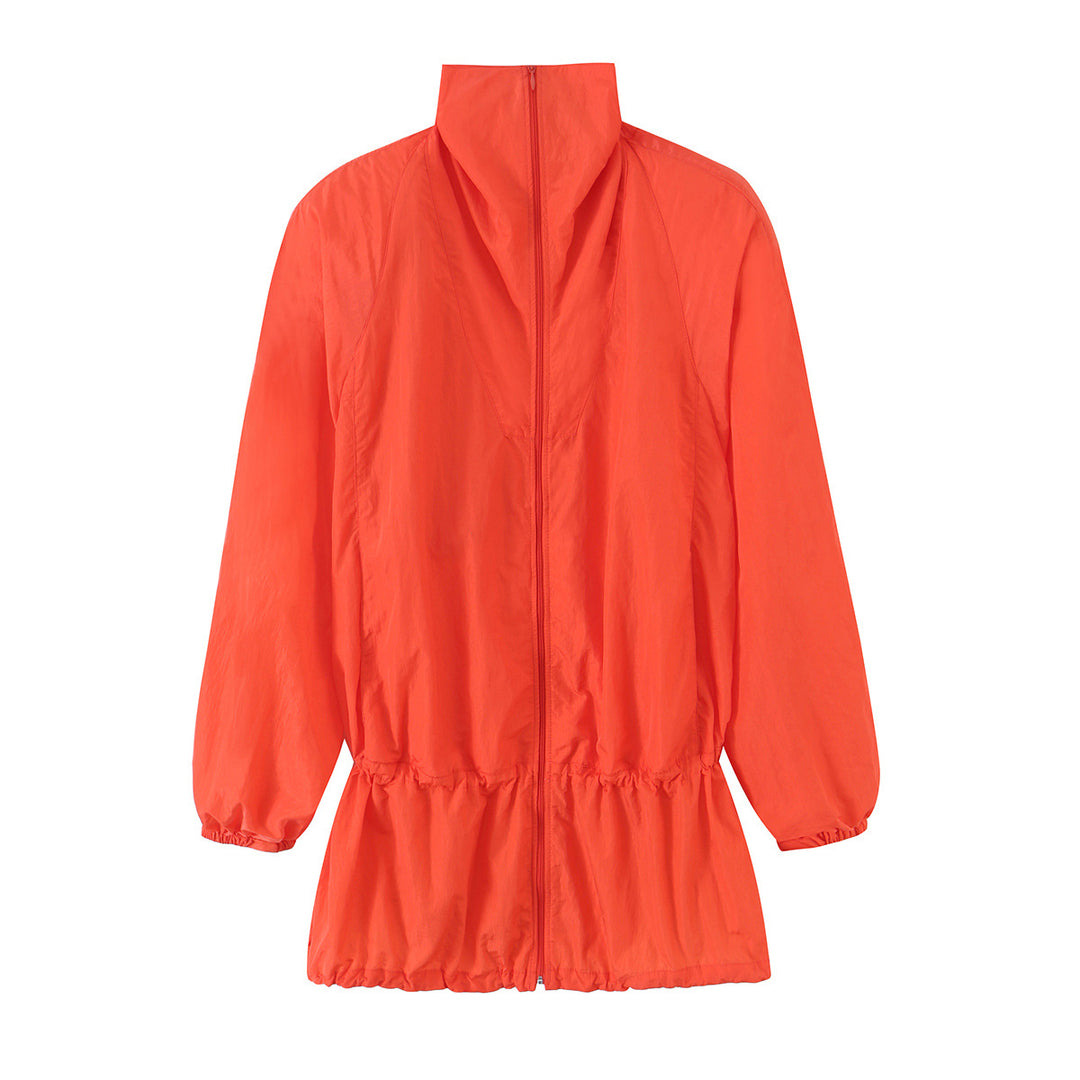Women Lightweight Transition Jacket with Stand Collar, Drawstring Waist and Elastic Cuffs Mune Fashion
