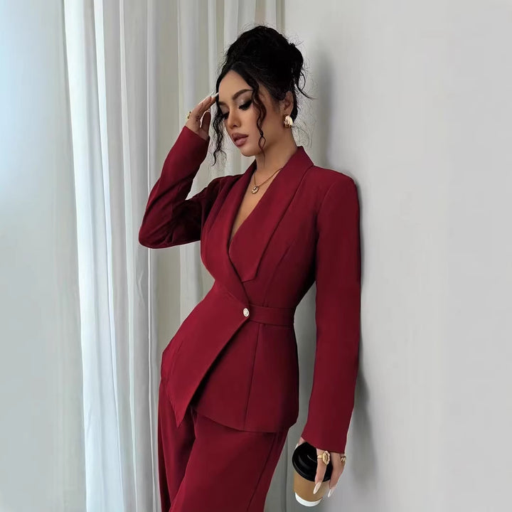 Women's tailored business blazer with shawl collar, belt waist and single-button closure Mune Fashion