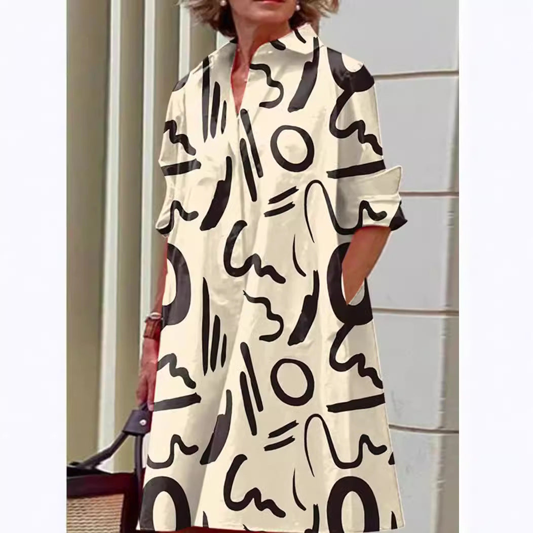 Ladies A-line shirt dress with rolled-up 3/4 sleeves and side pockets Mune Fashion