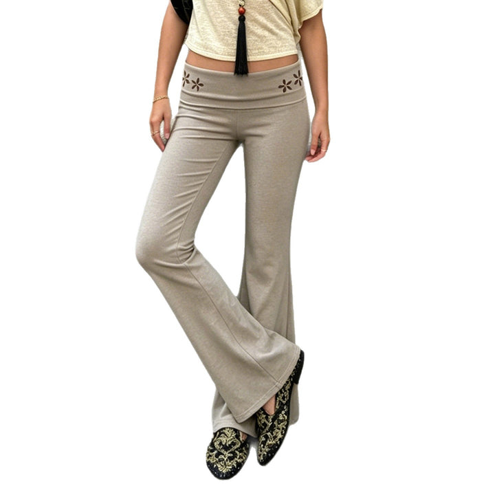 Women's Flared Yoga Pants with Folded Waistband, Comfortable Bootcut Fit and Laser-Cut Flower Detail Mune Fashion