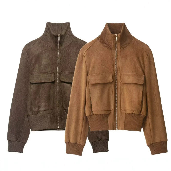 Women's Short Cut Velour Leather Bomber Jacket with Flap Pockets and Stand-Up Collar Mune Fashion
