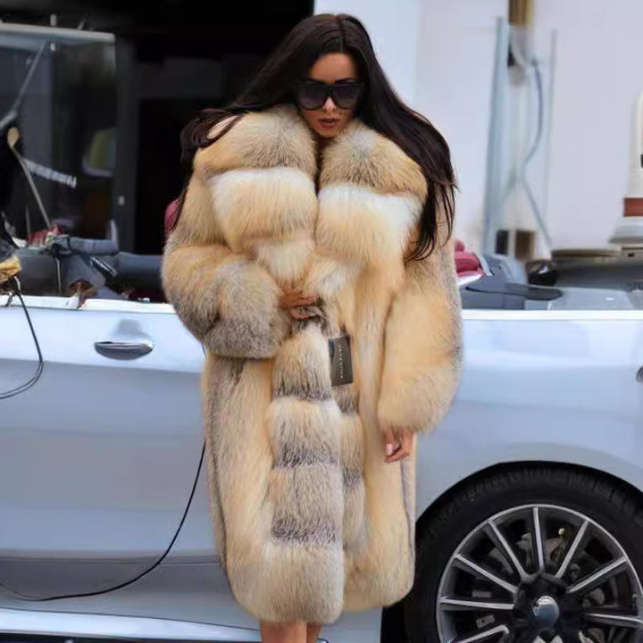 Women's Elegant and Luxurious Faux Fur Coat with Hood and Wide Collar Mune