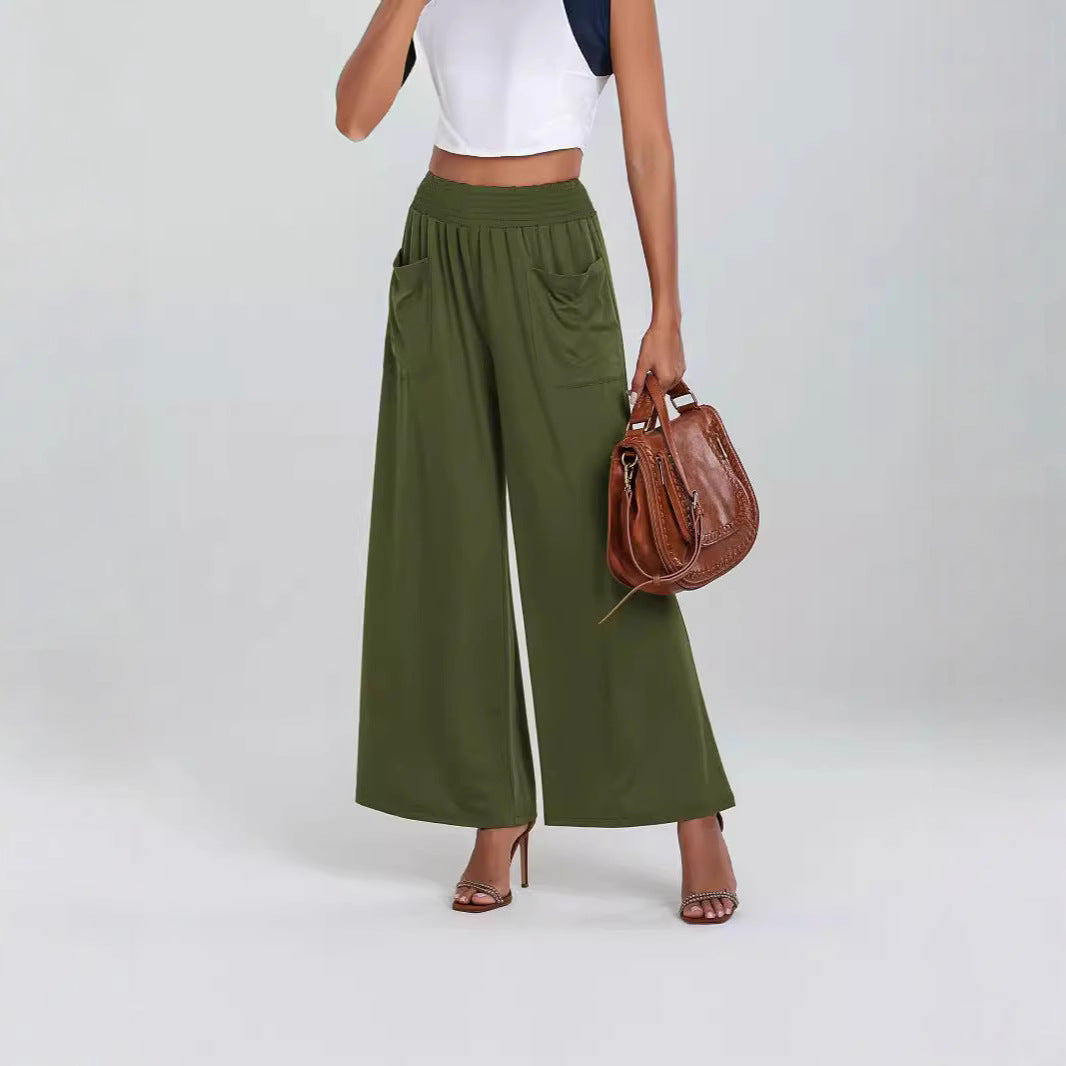 Women's Wide-Cut Palazzo Pants with Elastic Waistband and Practical Pockets Mune