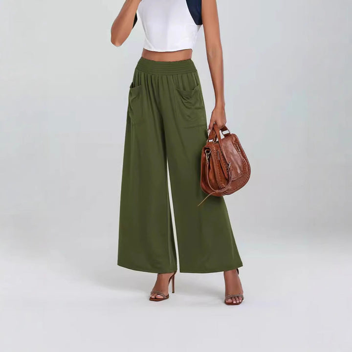 Women's Wide-Cut Palazzo Pants with Elastic Waistband and Practical Pockets Mune
