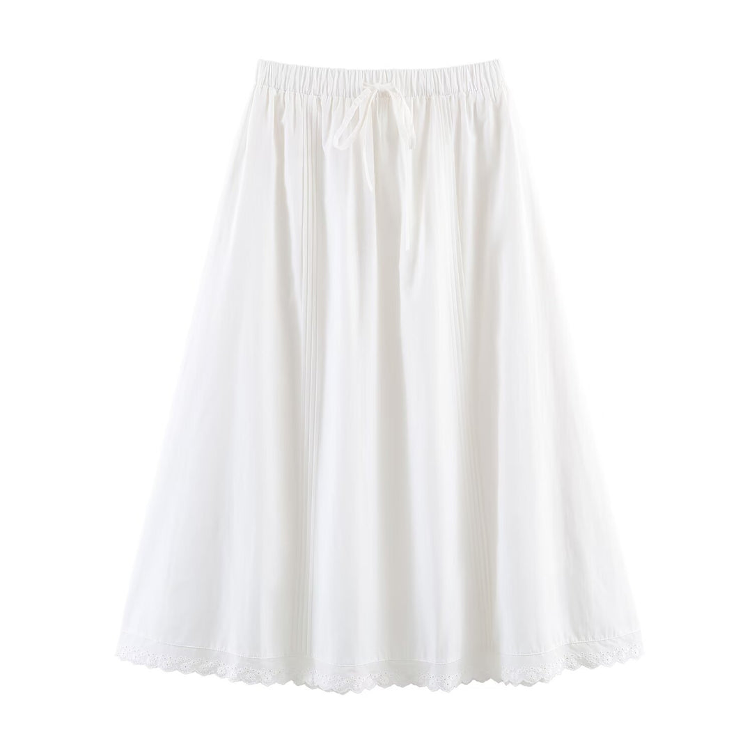 Women's midi skirt with elastic waistband, pleated details and embroidered lace trim Mune Fashion