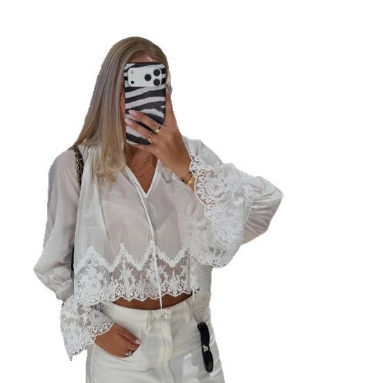Women's Transparent Lace Blouse Top with Bell Sleeves and Crochet Trim Mune Fashion