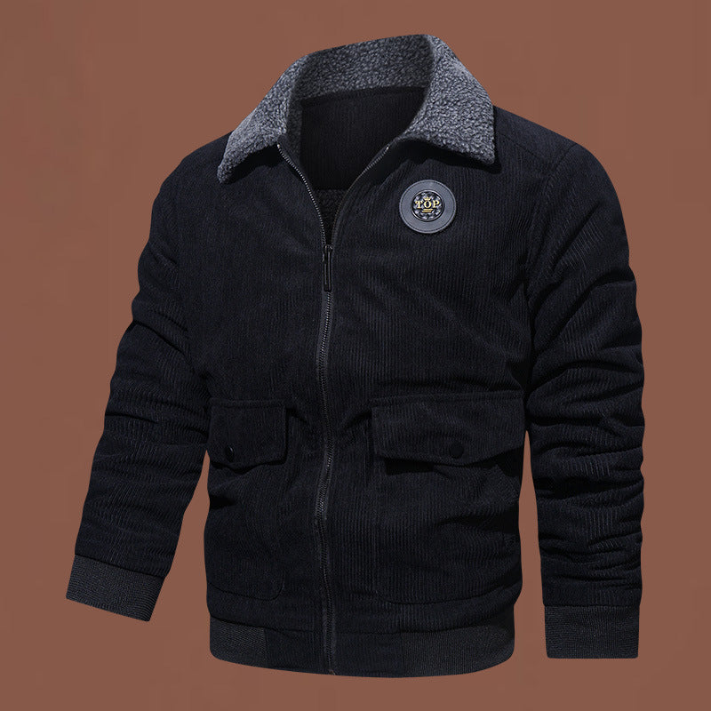 Men's corduroy bomber jacket with teddy lining, high collar, and patch pockets