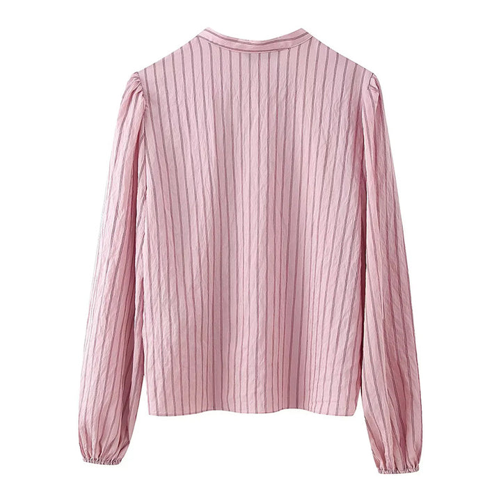 Women's striped ruffle blouse with stand-up collar, button placket, and elastic cuffs Mune Fashion