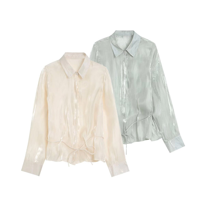 Women's Shiny Blouse with Drawstring Hem and Shirt Collar Mune Fashion