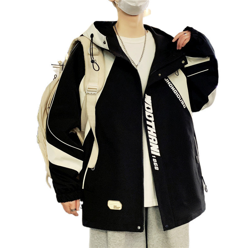 Men's Oversized Windbreaker with Hood, Sporty Front Print and Contrast Panels Mune Fashion