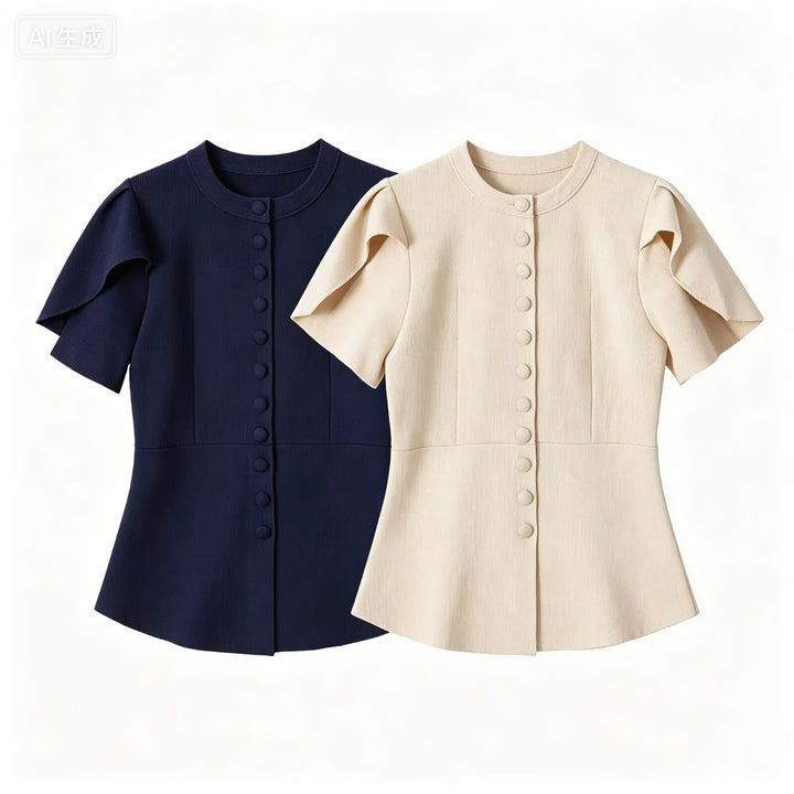 Women's Tailored Stretch Knit Blouse with Hidden Fabric Buttons and Double Ruffle Sleeves Mune Fashion