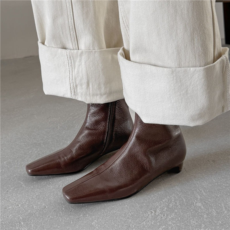 Women's Elegant Leather Ankle Boots with Square Toe Shape, Short Sculpted Heel, and Inside Zipper Mune Fashion