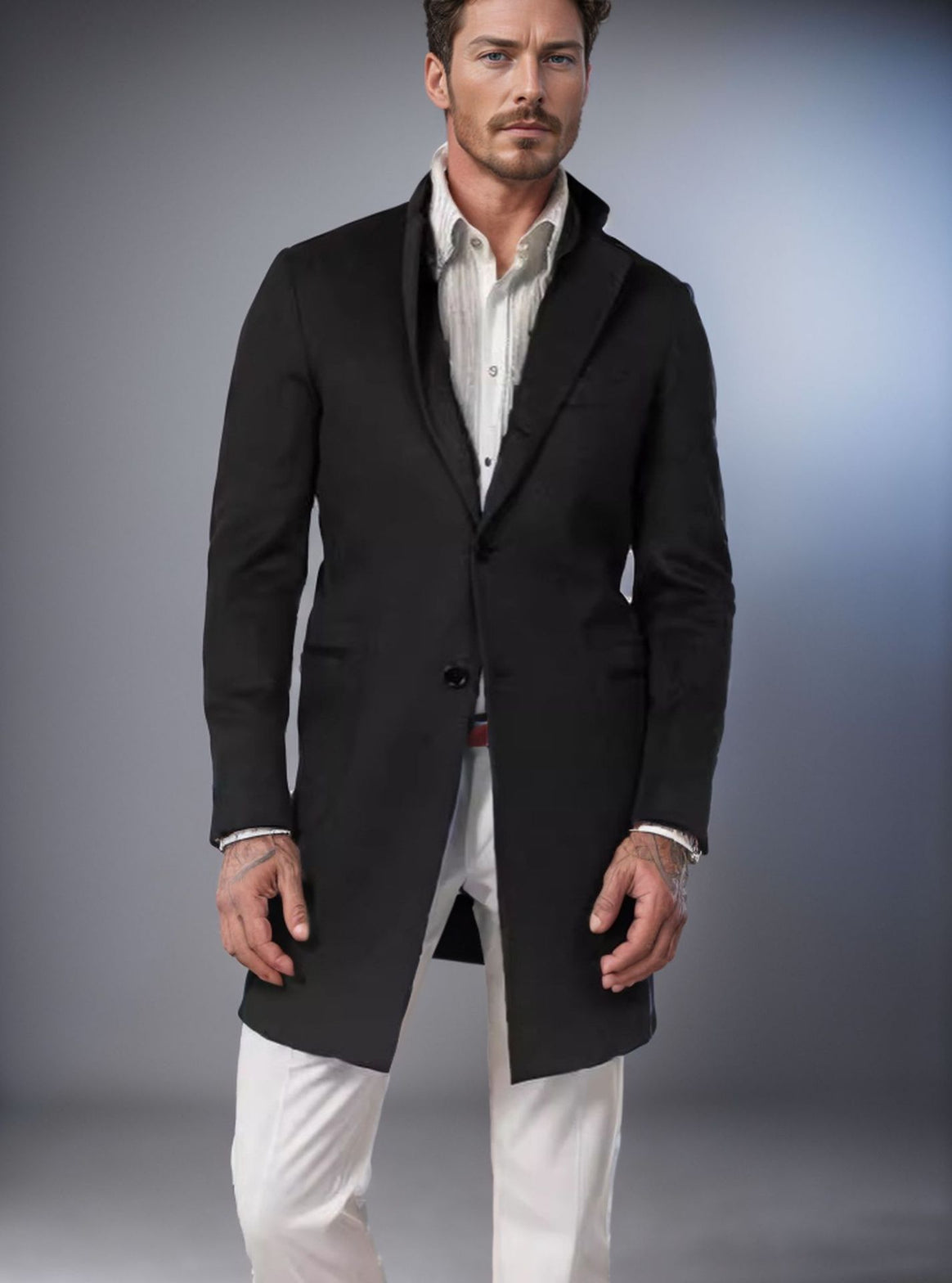 Men's Longer Tailored Wool Coat with Lapel Collar and Flap Pockets Mune Fashion