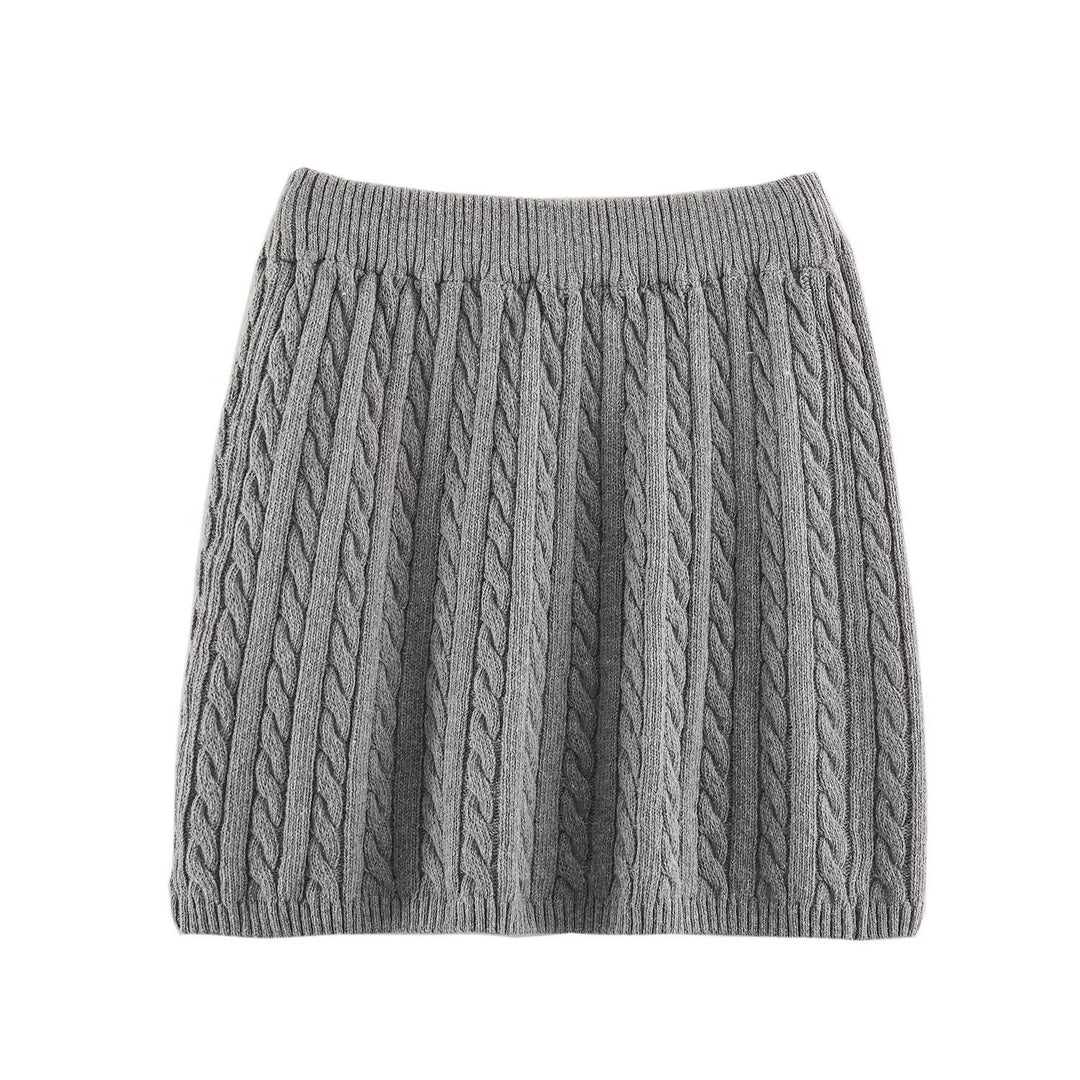 Women's Two-Piece Knit Set with Zipper Hoodie and Short Cable Knit Skirt Mune Fashion