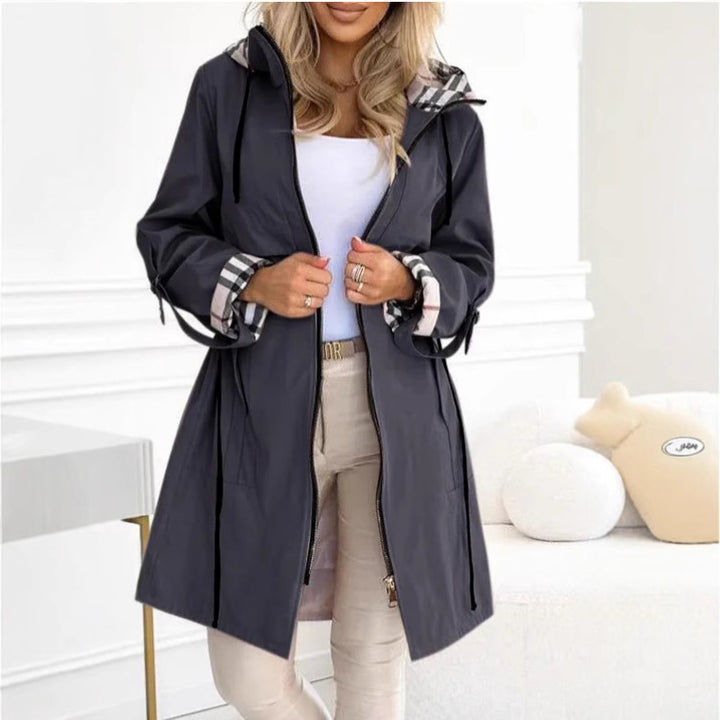 Women's tailored rain parka with hood checkered lined inner collar and drawstring Mune Fashion