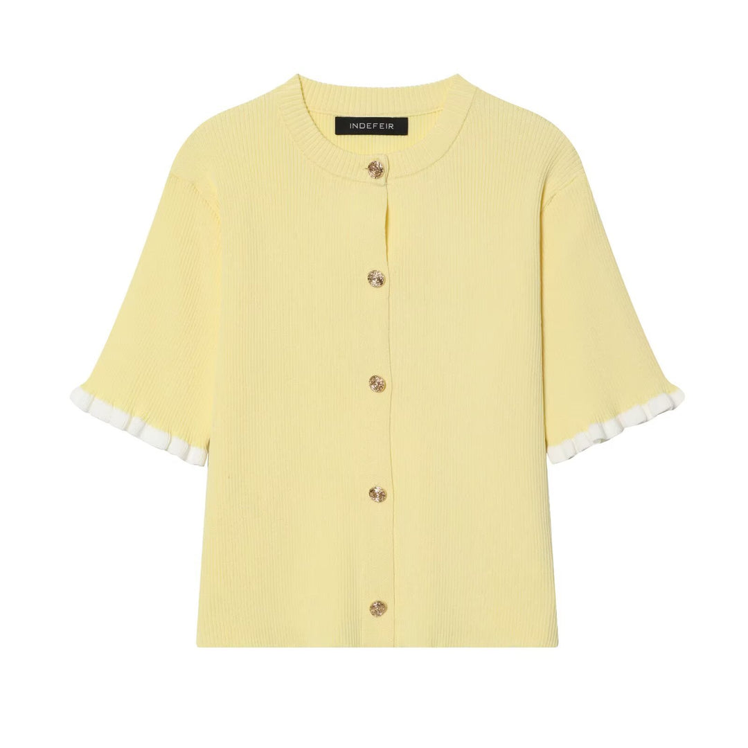 Women's Fine Ribbed Short Sleeve Cardigan with Decorative Buttons and Ruffle Sleeves Mune Fashion