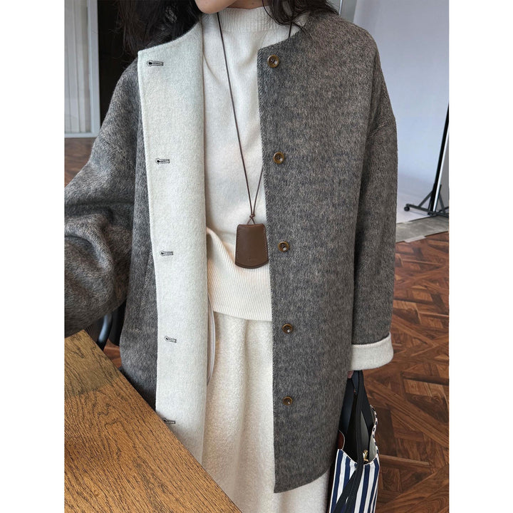 Women's Oversized Wool Blend Coat with Button Placket and Foldable Teddy Cuffs Mune Fashion