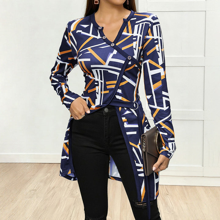 Women's Asymmetrical Long Sleeve Tunic Shirt with Diagonal Button Placket and Side Slits Mune Fashion