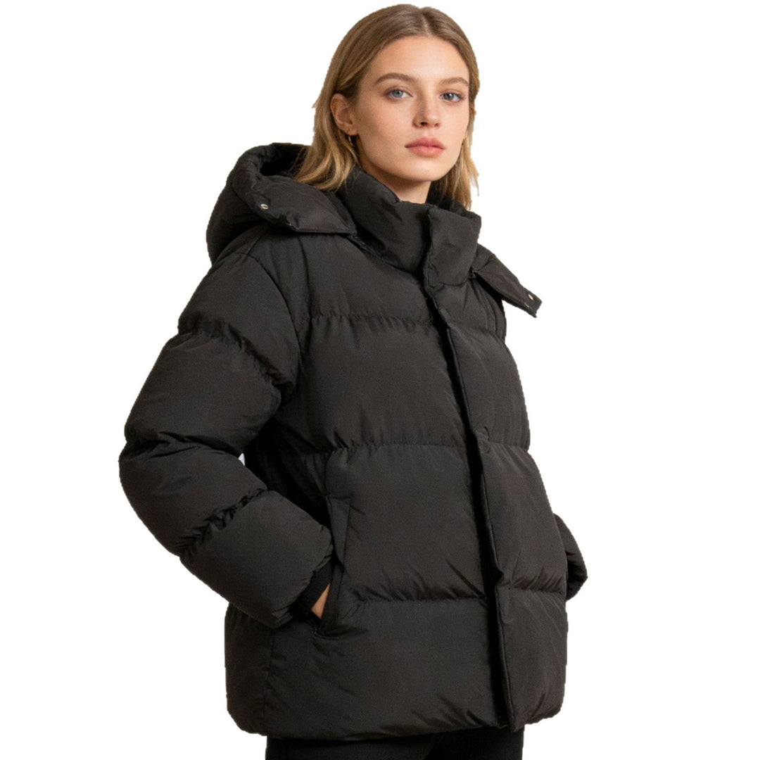 Women's Padded Oversized Quilted Jacket with Hood and High Stand Collar Mune Fashion