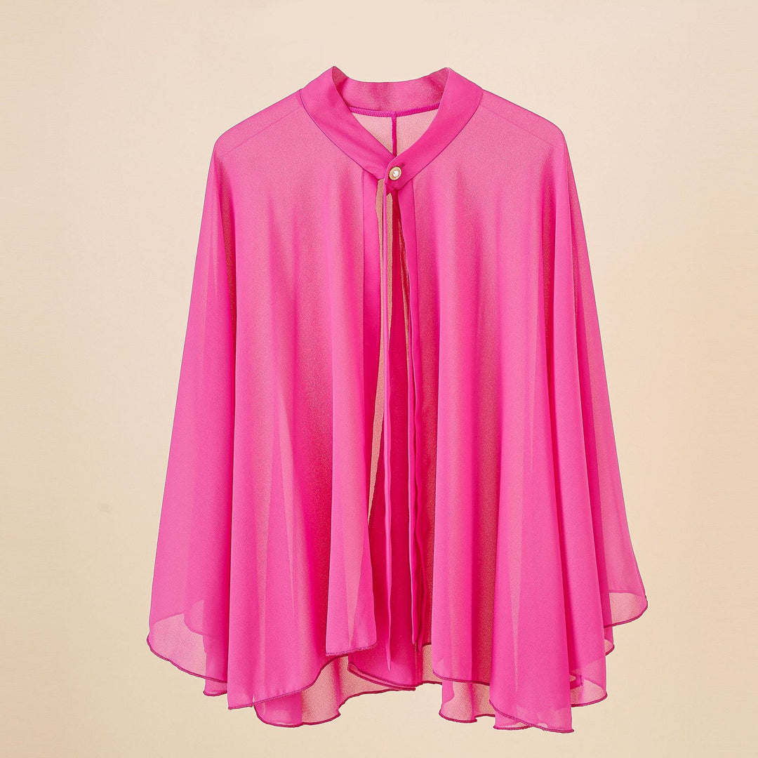 Women's Chiffon Cape with Bow Collar and Decorative Button Mune Fashion