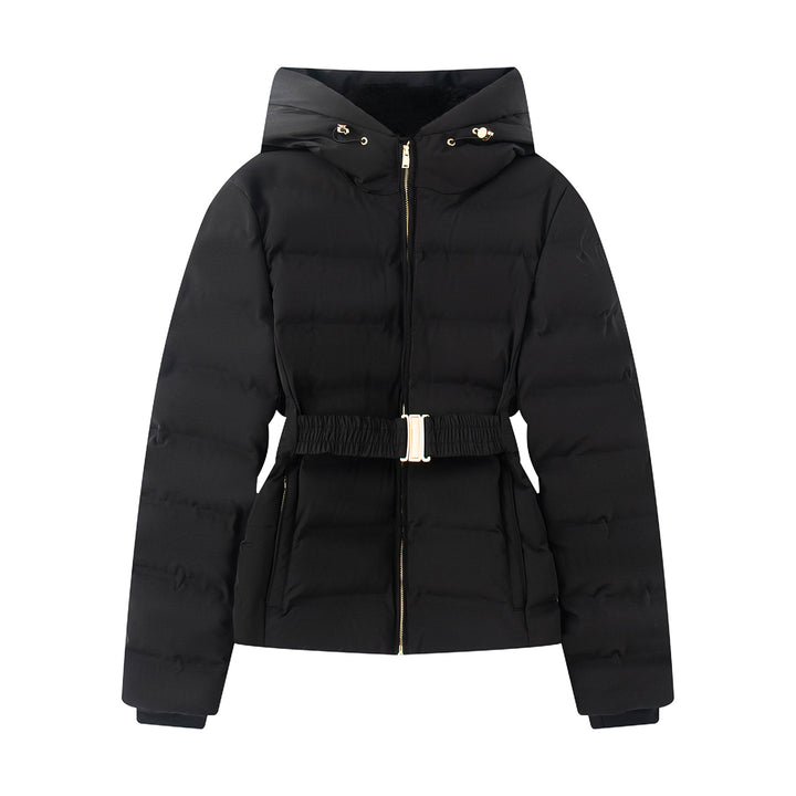 Women's tailored quilted winter jacket with hood, elastic waist belt, and thermal synthetic filling Mune Fashion
