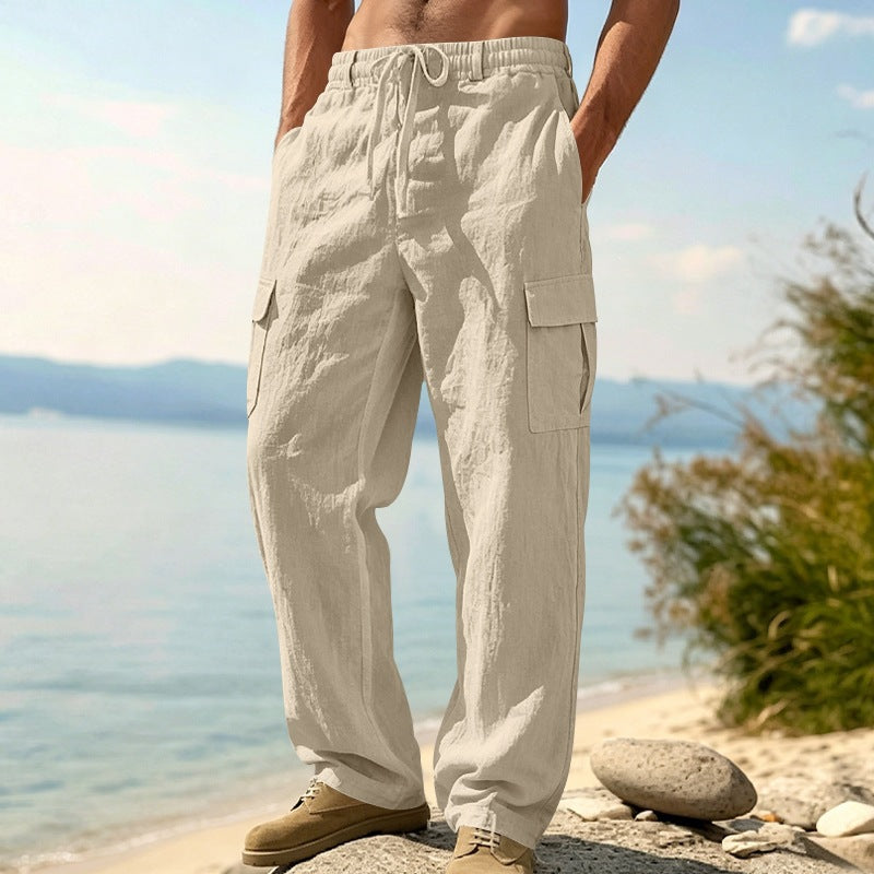 Men's relaxed-fit beach cargo pants made of linen blend with elastic drawstring and double flap pocket Mune Fashion