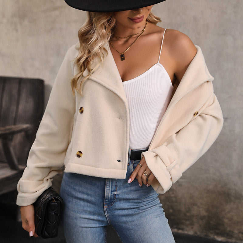 Women's Short Jacket Double-Breasted Wool Blend with Notched Collar and Rolled-Up Sleeves Mune Fashion