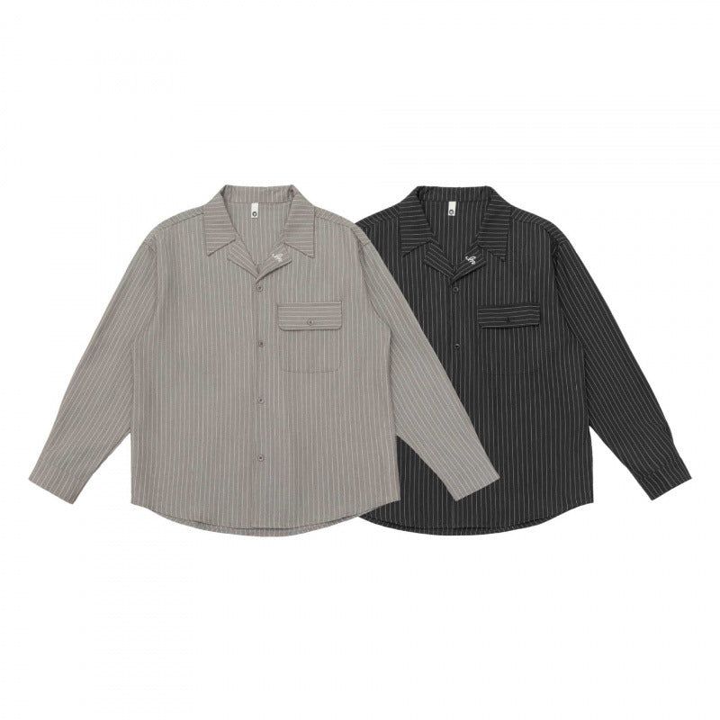 Unisex Boxy Shirt Jacket with Lapel Collar, Chest Pocket and Fine Pinstripe Mune Fashion