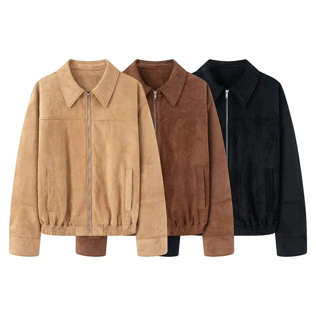 Women's velvety faux leather bomber jacket with shirt collar, zipper, and elastic hem Mune Fashion