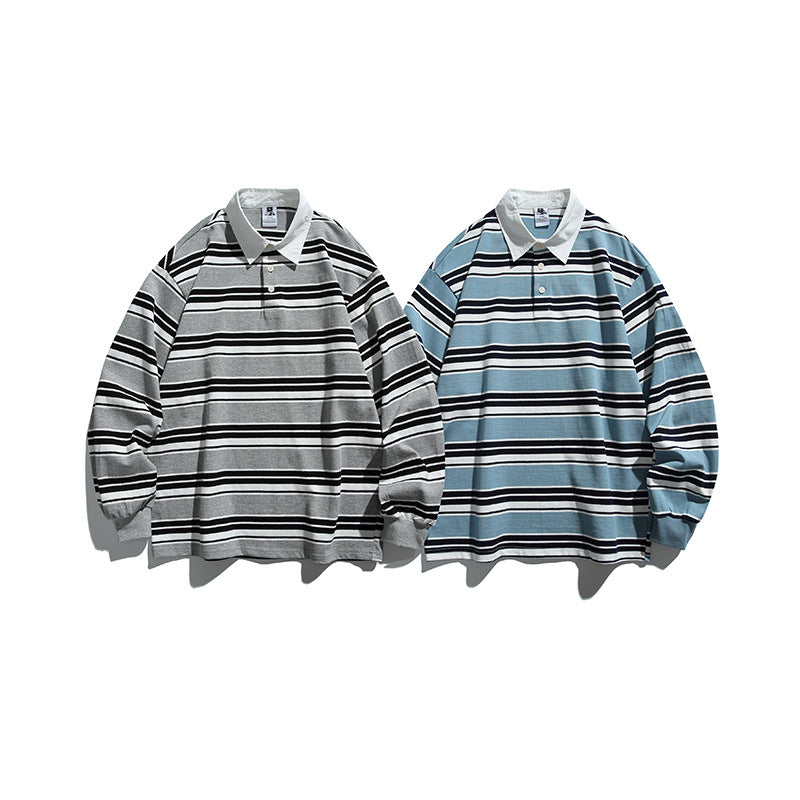 Unisex Oversize-Long Sleeve-Rugby Shirt with Contrast Collar and Distinctive Striped Pattern Mune Fashion