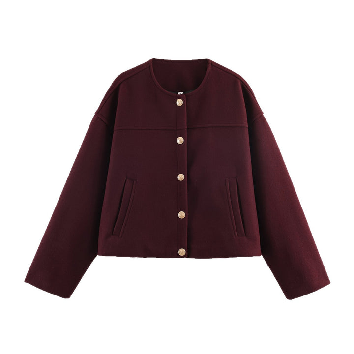 Women Short Boxy Wool Mix Jacket with Round Neck and Decorative Button Placket Mune Fashion