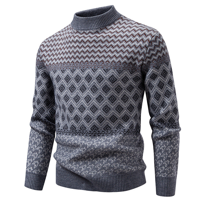 Men's fine knit mock neck sweater with geometric jacquard and ribbed finishes Mune Fashion