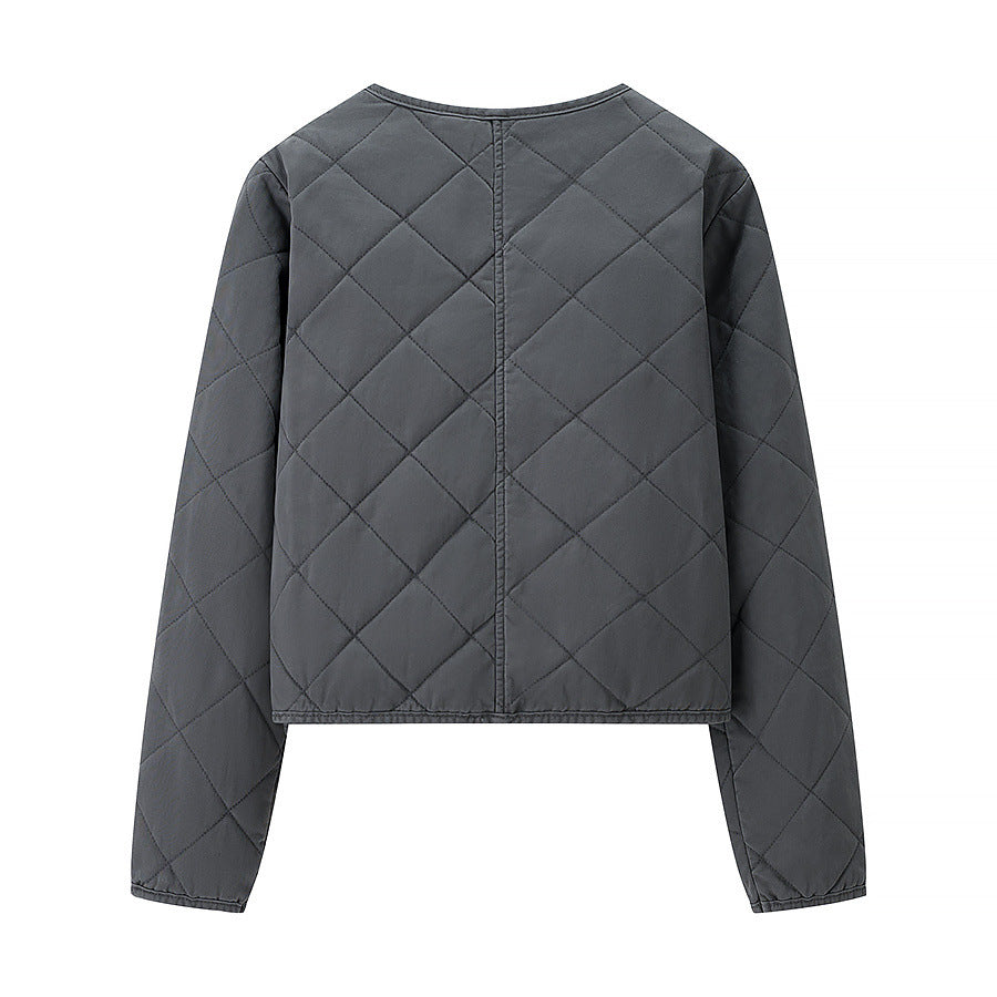 Women Light Quilted Short Jacket with Round Neck, Full Zip and Subtle Waist Length Mune Fashion