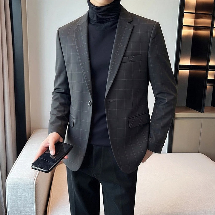Men's pinstripe suit jacket with a slim fit, two-button closure & chest pocket Mune Fashion