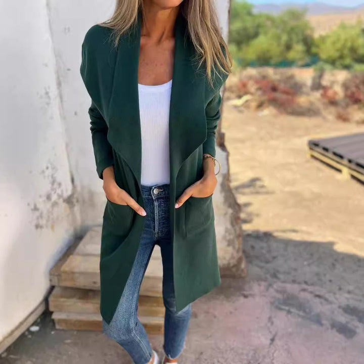 Women Open Long Cardigan Coat with Shawl Collar and Patch Pockets Mune Fashion