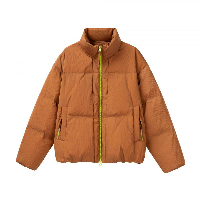 Women Short Oversized Padded Jacket with High Stand-Up Collar and Contrast Zipper Mune Fashion