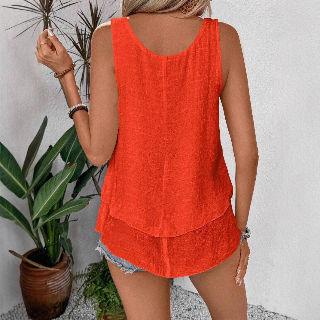 Women's Casual Layered Linen Look Top with Wide Round Neckline Mune Fashion