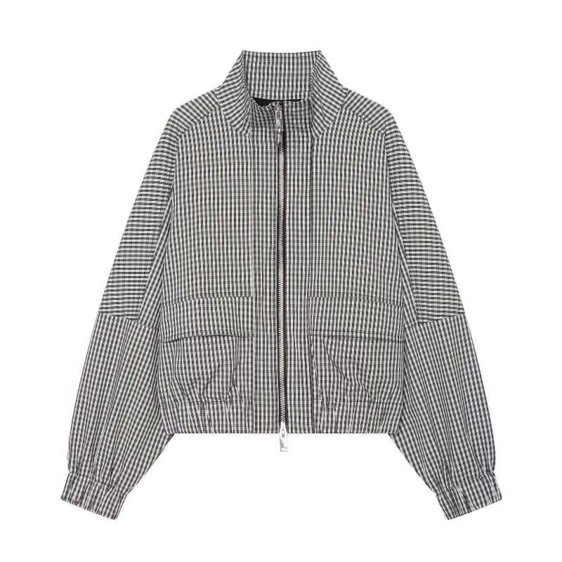 Women Cropped Boxy Jacket in Vichy Check with Stand Collar and Two-Way Zipper Mune Fashion