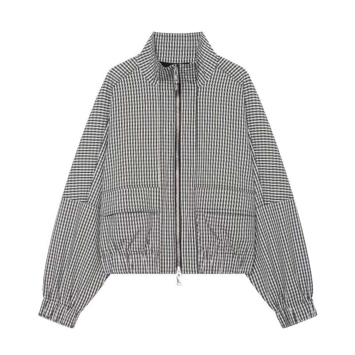 Women Cropped Boxy Jacket in Vichy Check with Stand Collar and Two-Way Zipper Mune Fashion
